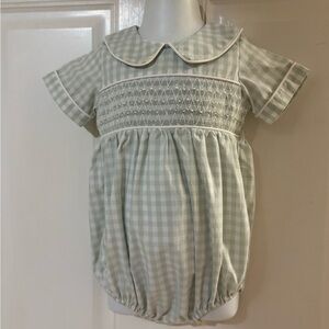 12m Banana Split Sage Green Gingham smocked Short Sleeve Collared Bubble EUC